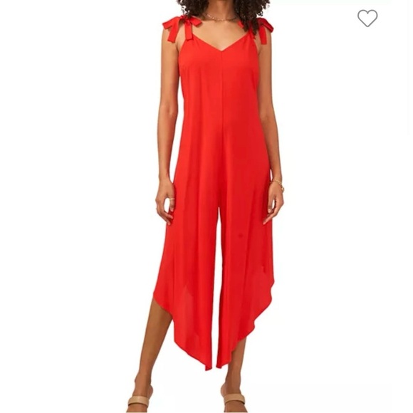 ❤️Vince Camuto Floral Tie Shoulder Jumpsuit Lobster Red - Picture 1 of 9